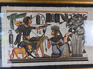 lot 58 image: SIGNED Fine Art Egyptian Papyrus Painting - Adel Ghabbour - King Tutenkhamun & Queen on Hunt
