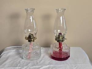 lot 71 image: Charming Vintage Cut Glass Oil Lamp Pair