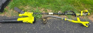 lot 111 image: Ryobi 18V Portable Lawn Tool Kit - String Trimmer P2003 - Pole Saw P4360 - Blower P21011VNM
