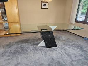 lot 7A image: Spanish Nero Marquise Marble Post Modern Pedestal Dining Table Vintage 1989