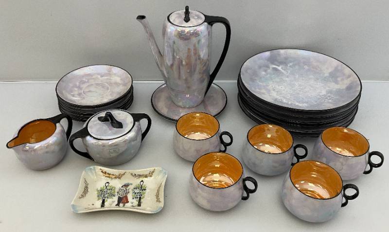 lot 101 image: (RARE) Vintage Tea & Coffee Set German China Iridescent Stamped RS Prussia