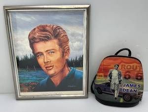 lot 3 image: Vintage James Dean Print & Backpack