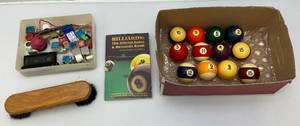 lot 12 image: Vintage Pool Balls , Cue Tip Repair Kit And More