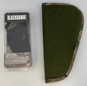 lot 22 image: Misc. Pistol Cases Including Soft Side 14 & Blackhawk Sportster Hip Holster Size 4 Right hand For 4.5 - 5 Barrel