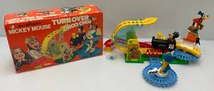 lot 120 image: 1960s Walt Disneys Tin ToyPlastic Battery Operated Illco Brand Hong Kong Mickey Mouse Turn Over Choo Choo (In Original Box)