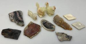 lot 137 image: Misc. Rock Slices, Stone Animals (One Has Chipped hand) & More