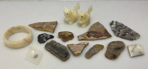 lot 139 image: Misc. Rock Slices, Stone Animals (One Has Chipped hand) & More