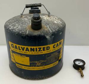 lot 147 image: Vintage Galvanized Gas Can & Tire Pressure Gauge