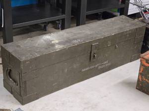 lot 239 image: Wooden Military Storage Box 6 12 x 30 x 8 12 with Misc Hand Tools - Hack Saw and Blades, Screwdrivers, Pliers