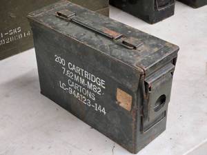lot 242 image: Metal Military Ammo Box  7.62mm-M82 3-78 x 10-78 x 7-14