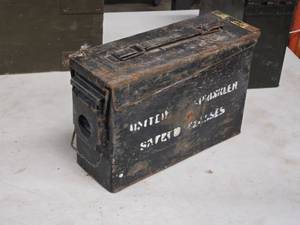 lot 243 image: Metal Military Ammo Box  7.62mm-M82 3-78 x 10-78 x 7-14