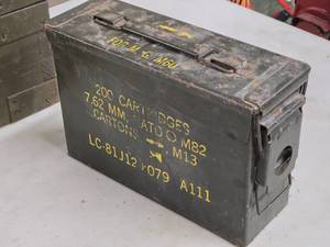 lot 244 image: Metal Military Ammo Box  7.62mm-M82 3-78 x 10-78 x 7-14