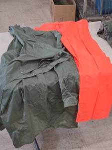 lot 307 image: Assorted Rain Gear - Pants (Orange), Poncho (Green)