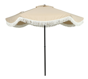 lot 450 image: Better Homes & Gardens 7.5 Beige Scallop with Cream Fringe Patio Umbrella
