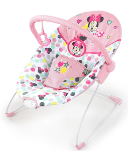 lot 406 image: Disney Baby Slip Resistant Vibrating Infant Baby Bouncer, Minnie Mouse Spotty Dotty by Bright Starts