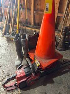lot 331 image: Chain Saw, Rubber Boots, Pylon