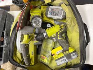 lot 101 image: Ryobi Cordless Power Tool Set with Batteries and Accessories