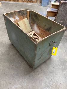 lot 113 image: Wooden Storage Bin on Casters with Rustic Green Finish