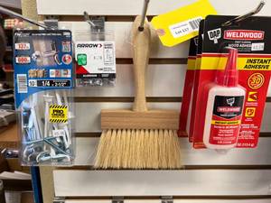 lot 117 image: Hardware Items, Including Anchor Toggle Bolts, Rivets, Wood Adhesive, and Brush