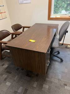 lot 201 image: Office Furniture Set With Desk, Two Wooden Chairs, and Task Chair