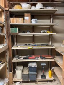 lot 238 image: Construction Tools, Hard Hats, Accessories, and Hardware on Shelving Unit