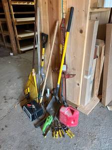 lot 246 image: Tools Including Schumacher Starter Charger, Shovels, Rake, and Hand Tools