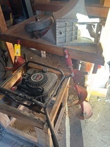 lot 376 image: Auger Bits, Auger Motor (needs servicing, bogs down when in use), wheel choks and misc.