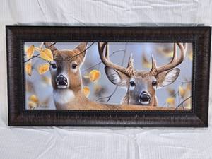lot 11 image: Jerry Gadamus Signed Doe & Buck Airbrush Art with Frame - Numbered 901000 - Approx 14x28