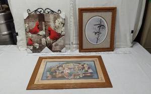 lot 35 image: Lot of 3 Framed Art Pieces with Cardinals, Geese and Teddy Bears