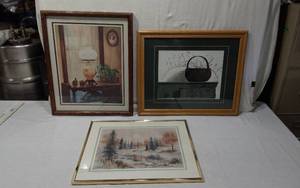 lot 37 image: Framed Art Prints Lot including Basket Still Life, Winter Landscape, and Room Interior