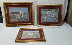 lot 38 image: Framed Ann Mount Artwork Prints with Gold Trim The prints depict various outdoor activities, including walking to a schoolhouse and playing by a stream