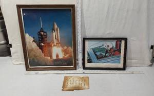 lot 45 image: Framed Space Shuttle Launch and Airplane Pilot Prints with Vintage Military Paper