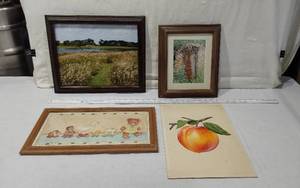 lot 47 image: Lot of Framed Art Pieces a landscape photograph of a field with a river, a framed image of an old brick doorway overgrown with plants, a playful illustration featuring teddy bears and animals, and a botanical print of a peach