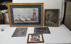 lot 51 image: Framed Art and Photographs The largest piece depicts a young girl leading geese, a religious scene, cityscapes and a Coca-Cola themed print