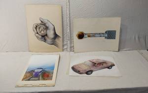 lot 58 image: Set of Vintage Illustrations including Hand Holding a Coin, Piston, Car Diagram, and Train Art