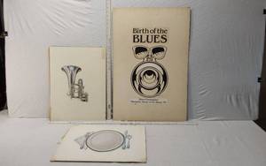 lot 61 image: Birth of the Blues Concept Poster and Instrument Illustrations Set including Blues Foundation Memphis TN Poster, Brass Instrument Illustrations, and Dining Plate Illustration