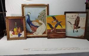 lot 63 image: Lot of 4 Framed Paintings by D. Moses including a still life with fruit and a bottle, a vibrant peacock with a white goose, and two paintings of flying birds