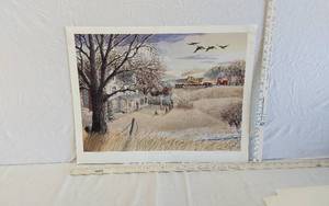 lot 75 image: Seasons Over, Home for the Holidays Art Print by D. Reamer () Cat Dozer on Trailer numbered 854 out of 1000.