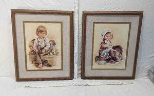 lot 82 image: Boy with His Dog and Girl with Her Cat Art Prints by J. Darcey