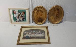 lot 83 image: Vintage Framed Art Prints including Norman Rockwell and Last Supper also a Boy and a Girl