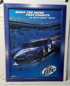 lot 88 image: Miller Lite Motorsports Wall Haning Decor - Was Formerly Hung with Screws Through the Frame - Approx. 29x35