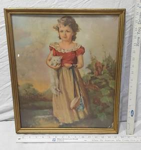 lot 95 image: Vintage Framed Print of Girl Holding Cat