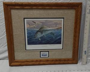 lot 107 image: Framed Gulls Over Striper Print by Killen with Stamp 1983 Stiped Bass Stamp, numbered 69750