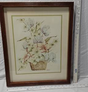 lot 106 image: Framed Floral Print with Wooden Frame by CASEY