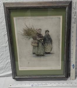 lot 112 image: Paul Geissler Etching Signed - Blumenfrauen Two Women Framed Artwork by Paul Geissler of 2 Women and a Basket of Flowers - approx. 14 12  x 18 12