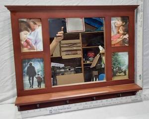 lot 121 image: Decorative Wooden Wall Mirror with Photo Frames and Hooks approx 23x18