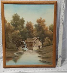 lot 127 image: Vintage Landscape Painting with Watermill Scene by BSmith ()