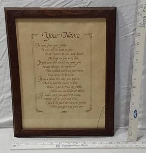 lot 129 image: Framed Your Name Inspirational Poem