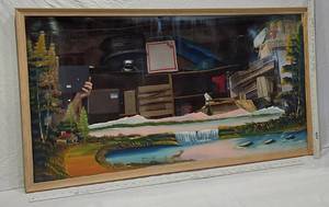 lot 147 image: Framed Landscape Painting on a Mirror with Deer and Waterfall approx. 42 x 24