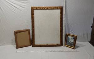 lot 148 image: Vintage Wooden Picture Frames including Large Carved Frame, Small Frame, and Ornate Gold Frame
